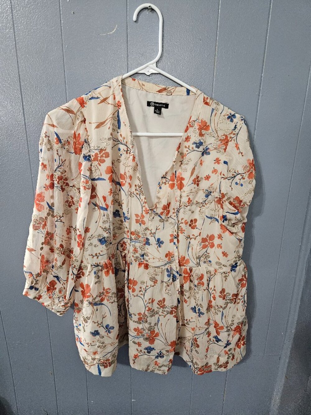 Versona Cream Floral Peplum V-Neck Blouse Size L